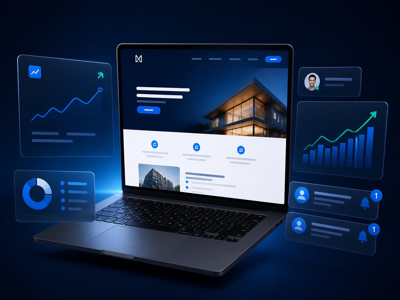 Website design dashboard showing traffic analytics, lead notifications, and business growth charts